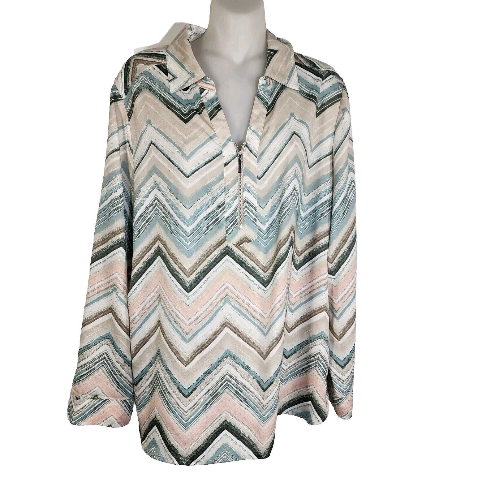 Chico's Womens Top Size 2 Large Watercolor Chevron Roll Tab Long Sleeve Pullover